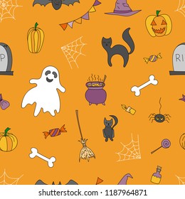 Halloween Seamless Vector Pattern. Traditional symbols set. Doodle style illustration. Vector illustration