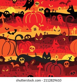 Halloween seamless vector pattern and wavy multicolored gradient  Colorful drawing and pumpkin  cat  skull  ghost  Scary background for print  banner wallpaper 