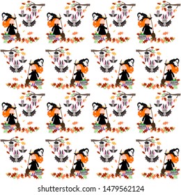 Halloween seamless vector pattern witch in hat with broom and potion pot and funny bats wallpaper background