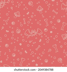 Halloween seamless vector pattern with witch bubbling potion isolated on orange background. Cute hand drawn magic doodle texture for wrapping paper, packaging, print, gift, fabric, textile, wallpaper.