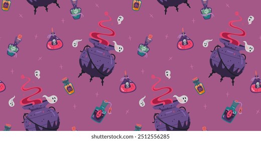 Patrón de Vector sin fisuras de Halloween con caldero mágico de bruja, botellas con pociones y venenos, fantasmas.