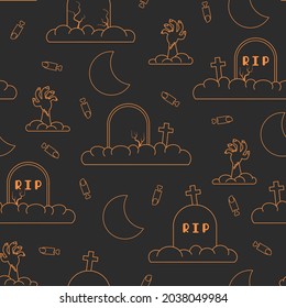 Halloween seamless vector pattern with zombie in the graveyard. Line objects. Orange and black palette. Cute hand drawn background for wrapping paper, print, card, gift, fabric, textile, wallpaper.
