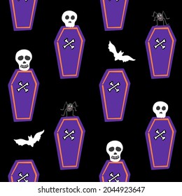 Halloween seamless vector repeat pattern with purple coffins and bones, half drop on black background, orange accents. Simple and sophisticated Halloween backdrop with sculls, bats and spiders.