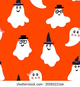 Halloween seamless vector repeat pattern with happy white ghosts wearing witch hats, glasses, accessories on bright orange background. Spaced out half drop funny Halloween character backdrop. Cute