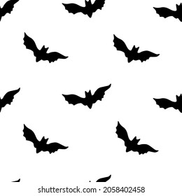 Halloween seamless vector repeat pattern with black bat silhouettes on white background. Minimalistic Halloween backdrop.