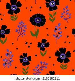 Halloween seamless vector repeat pattern with black flowers with eyes and purple botanicals on bright orange background. Trendy whimsical Halloween backdrop, non traditional quirky autumn pattern.