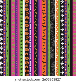 Halloween seamless vertical striped pattern with ghosts, pumpkins, bats, spiderwebs, candy, and decorative spooky elements in festive orange, green, purple, and black — fun holiday fabric or wrapping 