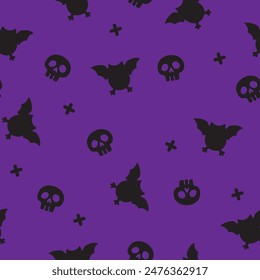 Halloween seamless wallpaper vector illustration. Halloween seamless pattern withe skulls and flying bats silhouettes. Vector Illustration.