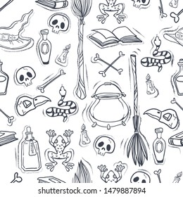 Halloween seanless pattern with witchcrafts: skull, hat, snake, candle, crow skull, broom, potion, bottle, poison, book, vector illustration