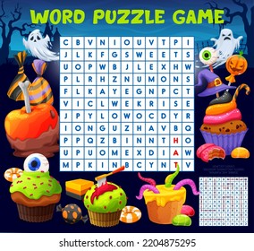 Halloween Search Puzzle Game Worksheet. Sweets, Desserts And Cakes. Word Search Puzzle, Children Vocabulary Vector Riddle With Halloween Scary Pastry Cupcakes, Chocolate Apple And Lollypop Candy