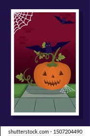 halloween season card with pumpkin and bats flying