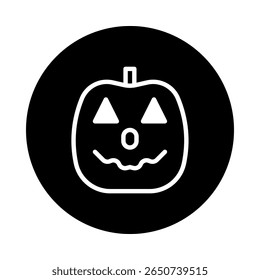 Halloween season pumpkin icon with smiling face in black and white background circle with spooky festive