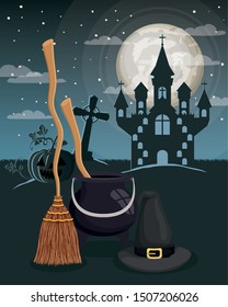 halloween season scene with castle night