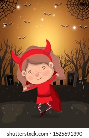 halloween season scene with girl costume devil vector illustration design