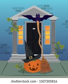 halloween season scene with house door and pumpkin