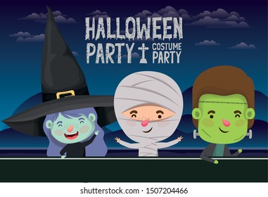 halloween season scene with kids costume in dark night