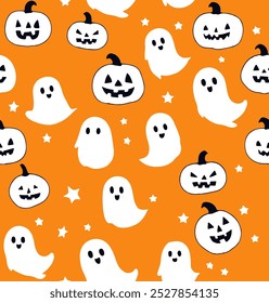 Halloween season. Seamless Vector Patterns with Halloween Hand Drawn Elements on Orange Background. Cute Repeatable Designs. Great for Textile, Fabric P