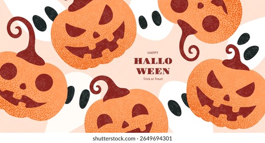 Projeto de banner sazonal de Halloween com fantasmas assustadores e esculpido jack o lanternas no fundo texturizado luz para convite de festa de horror, cabeçalho de banner web ou quadro de férias de outono, ilustração vetorial.