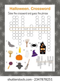 Halloween seasonal crossword activities, word search puzzle, autumn fall holidays vector illustration printable worksheet for kids, educational or leisure game, seasonal topical English vocabulary