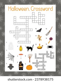 Halloween seasonal crossword activities, word search puzzle, autumn fall holidays vector illustration printable worksheet for kids, educational or leisure game, seasonal topical English vocabulary
