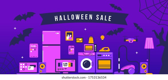 Halloween seasonal sale of home domestic electronic appliances. Vector holiday set of household appliances on dark background with bat and web. Flat style design for web, banner, e-mail advertising