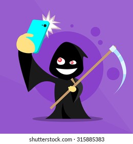 Halloween Selfie Photo Smart Phone Cartoon Grim Reaper Smile Flat Vector Illustration