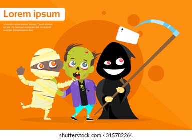 Halloween Selfie Photo Stick Smart Phone Cartoon Grim Reaper Smile With Zombie Mummy Flat Vector Illustration