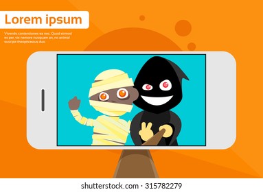 Halloween Selfie Stick Smart Phone Photo Screen Cartoon Grim Reaper Smile With Mummy Flat Vector Illustration