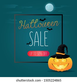 Halloween sell banner. Halloween elements. Advertising template design. Vector illustration.