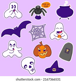 Halloween set of 11 pictures. Kawaii style. Vector flat style. Holiday stickers.