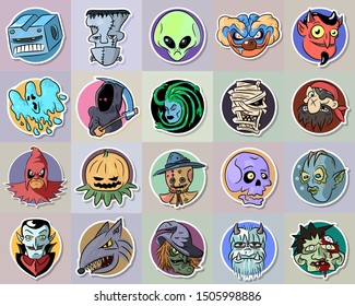 halloween set of 20 characters: robot, ghost, pumpkin, werewolf, vampire, zombie, mummy, pirate, devil, gorgon, clown, executioner, alien, skull, witch, robot, skull, scarecrow. Sketch sticker vector