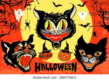 Halloween set of 3 angry black cat head masks on full moon and orange sky background with spooky branches, bats, pumpkin and ghosts. Vintage style hand drawn vector illustration.