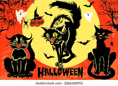 Halloween set of 3 black angry cats on full moon and orange sky background with spooky branches, bats and ghosts. Vintage style hand drawn vector illustration.