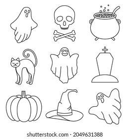 Halloween set of 9 hand drawn elements in doodle style. Vector illustration.