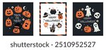 Halloween set of background. Horror elements. Collection of Hand drawn shapes. Trendy doodle. Ghost. Autumn. October 31. Saints