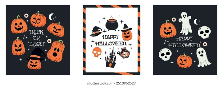 Halloween set of background. Horror elements. Collection of Hand drawn shapes. Trendy doodle. Ghost. Autumn. October 31. Saints' Day. Stickers and icons. Jack o lantern. Poster and banner. pumpkin.