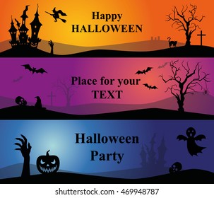 Halloween set background with pumpkin, castle, bat and witch