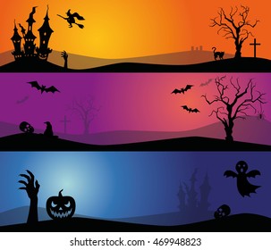 Halloween set background with pumpkin, castle, bat and witch