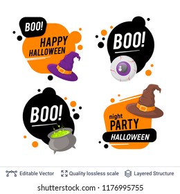 Halloween set of badges with editable copy space. Bright cartoon labels for holiday sales and parties.