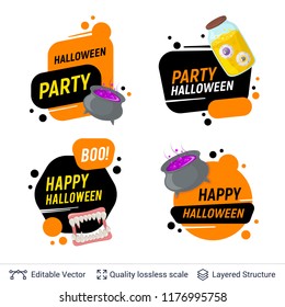 Halloween set of badges with editable copy space. Bright cartoon labels for holiday sales and parties.