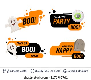 Halloween set of badges with editable copy space. Bright cartoon labels for holiday sales and parties.
