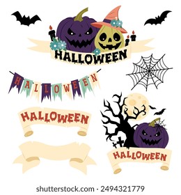 Halloween. A set of Halloween banners and decorative elements. Festive Lettering. Pumpkins. Flat style illustration on a white background.