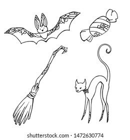 Halloween set: bat, candy, broom, cat. Black and white doodle linear sketch. Vector illustration on white background. Hand drawing cartoon image.