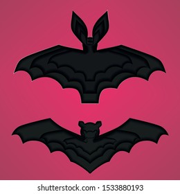 Halloween set of bat Figures with 3D paper cut effect, for Halloween greeting Cards. Pink simbols in halloween 3D paper art style. Black Bats isolated on pink background. Vector illustration