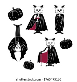 Halloween set with a bat gentleman in various poses. vector