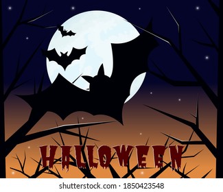 Halloween set of bat on the moon. The black bat flies at night. Abstract halloween background with big moon. Scary Halloween night background. Vector illustration