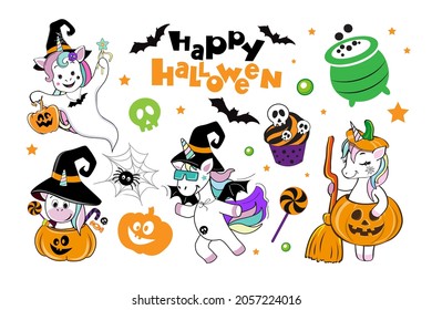 Halloween set with bat, pumpink and unicorn in Halloween costume. Vector cartoon illustration on white background isolated