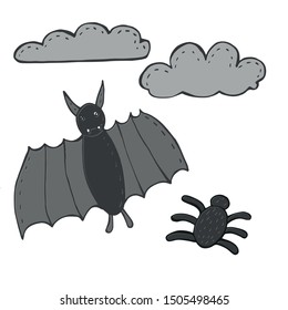 Halloween set - bat, spider and clouds
