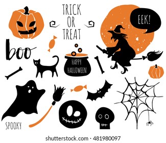 Halloween set with  bats, spider, pumpkins, witch, pot, ghost, skull, skeleton. Template for Party card, Greeting, Congratulations, Invitations, Stickers.