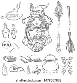 Halloween set with beautiful witch and witchcraft: cauldron, frog, snake, hat, bottle, poison, broom, vector illustration